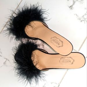 Black fur peep toe heels